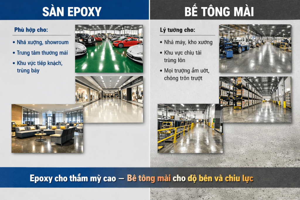 So sánh sàn epoxy và bê tông mài cho công trình Hải Phòng- hoàng anh
