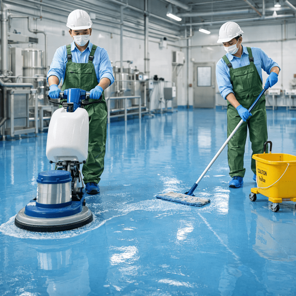 nhân viên vệ sinh bảo dưỡng sàn epoxy