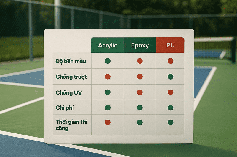 So sánh acrylic, epoxy và PU: Loại nào phù hợp cho sân pickleball ngoài trời?